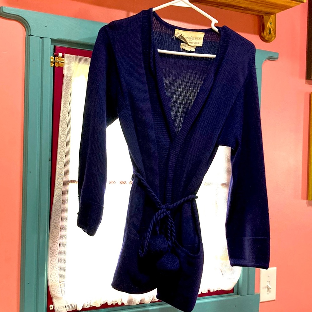 Yves Saint Laurent (Paris NY) Indigo Blue Wrap Sweater, Belt Tassels 100% Wool.